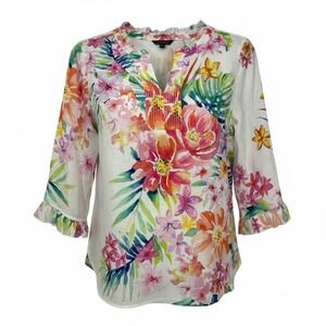 JOHN MARK Womens Linen Floral Ruffle V-Neck 3/4 Sleeve Tunic Top Size M